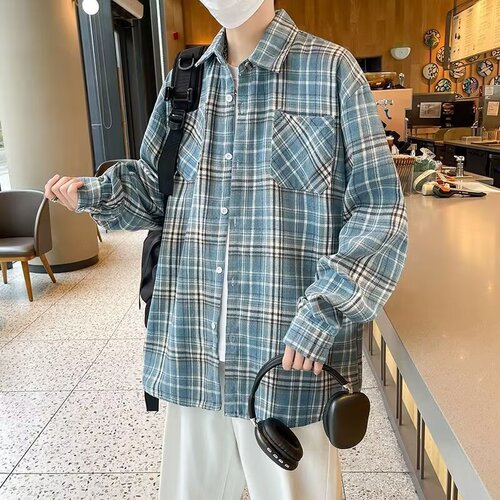 American retro sanded plaid shirt, men's organ pocket, vintage vintage, lazy long-sleeved shirt and coat