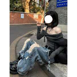 韩版ins复古牛仔裤女夏季新款设计感破洞高腰宽松显瘦阔腿乞丐裤