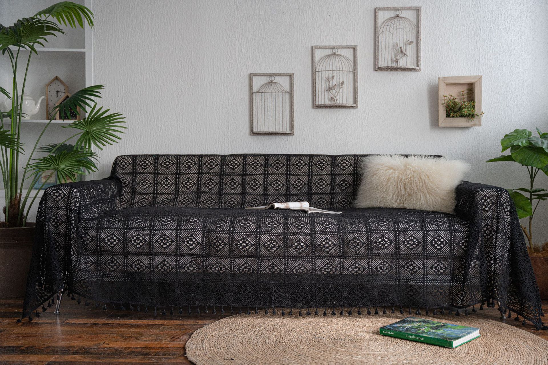 黑色钩针沙发巾