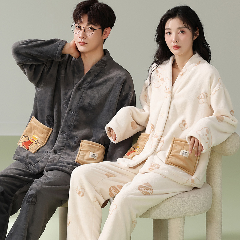 (폴리에스터 섬유 100%) 산호 벨벳 커플 잠옷 가을 겨울 두꺼운 플란넬 가디건 남성용 홈웨어