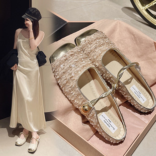 French sequined silver baotou half slippers women's wholesale spring and summer small style Korean temperament Mary Jane shoes women's shoes