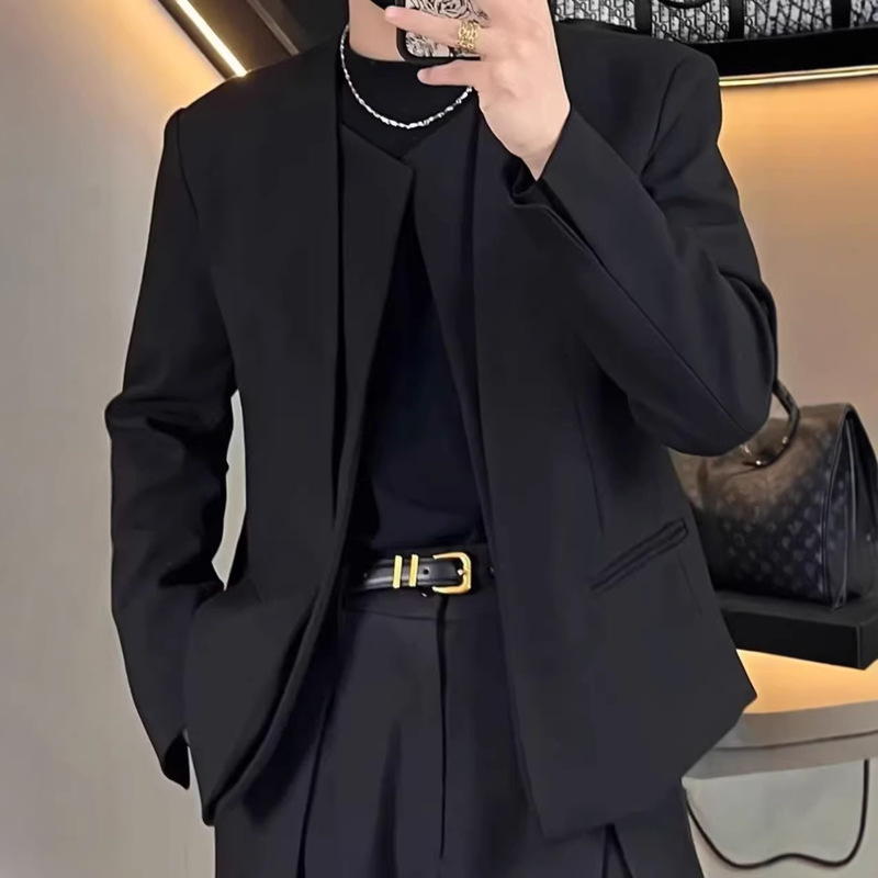 Black Designer-Style Men's Suit 2026 New High-End Korean-Style Cleanfit Faux Two-Piece Short Jacket Black Designer-Style Men's Suit 2026 New High-End Korean-Style Cleanfit Faux Two-Piece Short Jacket