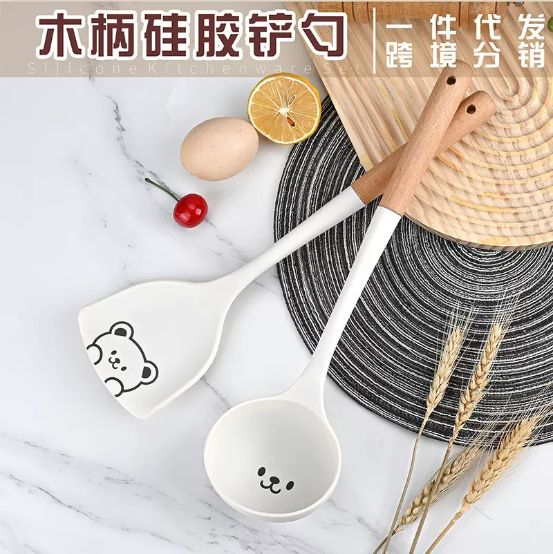 新款木柄硅胶锅铲汤勺套装不粘锅烹饪铲勺耐高温炒菜铲子厂家现货