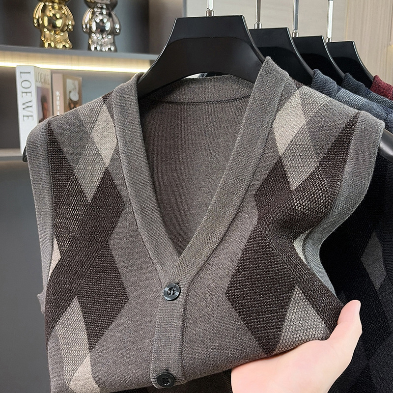 Men's Knitted Vest for Autumn and Winter, Thickened Sleeveless Sweater Vest, Plus Size, Warm, for Middle-Aged and Elderly Men, Cardigan Vest