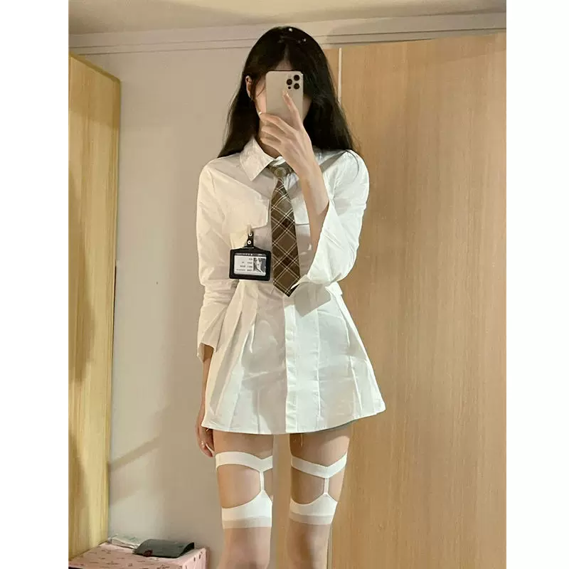 学院风ins纯欲辣妹Polo领白色衬衫连衣裙女韩系喇叭袖高腰短裙子
