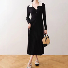 2025秋冬新款羊毛针织连衣裙女撞色翻领长袖羊绒收腰小摆裙长裙