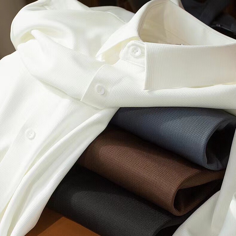 HCF light luxury autumn thin waffle seamless adhesive white shirt men's long sleeve slim fit casual shirt men