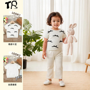 Cross-Border Foreign Trade European and American Cool Silk Round Neck White Top Black Bow Knitwear Loose and Casual