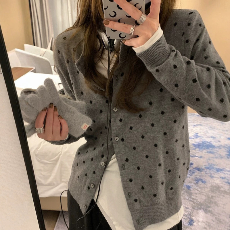 Polka Dot Knit Cardigan for Women, Fall 2026 New Style, Layered Design, Versatile, Slimming Long Sleeve Top, Casual Coat
