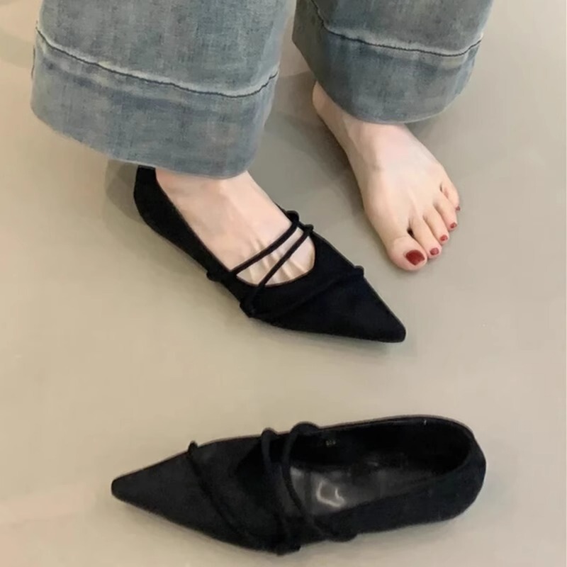 韓国版の靴の女性2025の新型の春秋の先の細いベルトの浅い口のファッションの百合の内で高くなる晩の風のフラットシューズ|undefined
