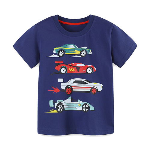 2024 Summer New Boys' T-Shirt Western Style Cartoon Car Print Sports Top Children's Round Neck Short Sleeve Shirt