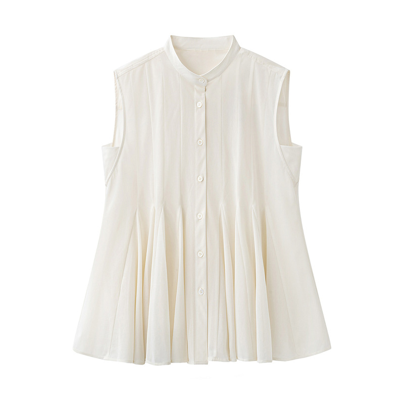 2026 Summer New Fashion Versatile Pleated Stand-Up Collar Sleeveless Shirt Vest Top for Women 766929