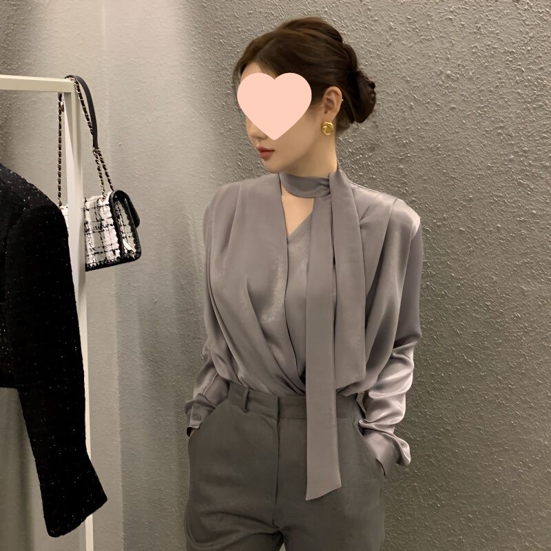 2026 Autumn High-End Lace-Up Acetate Satin Shirt for Women with Tie Collar French Style Elegant Collared Top 2026 Autumn High-End Lace-Up Acetate Satin Shirt for Women with Tie Collar French Style Elegant Collared Top