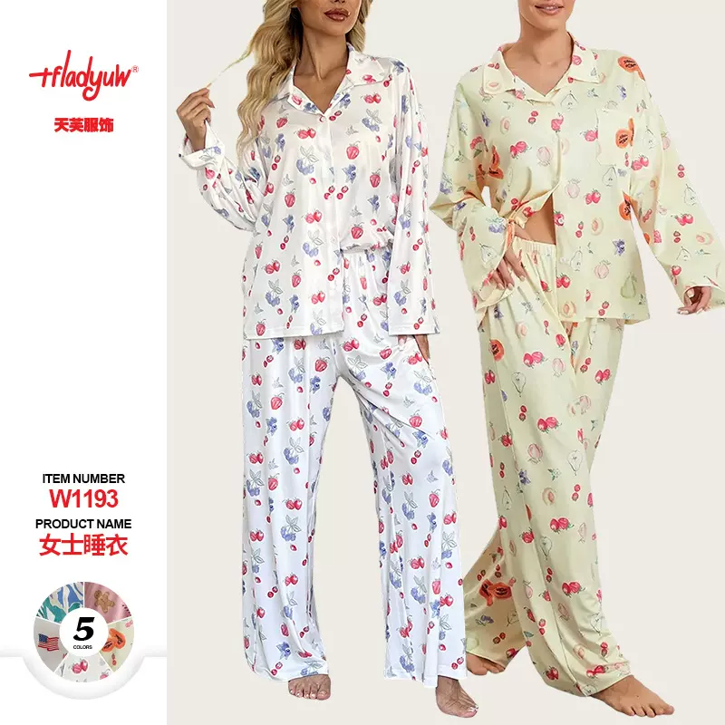 欧美女士睡衣套装长袖纽扣衬衫花朵水果印花阔腿裤睡衣女家居服