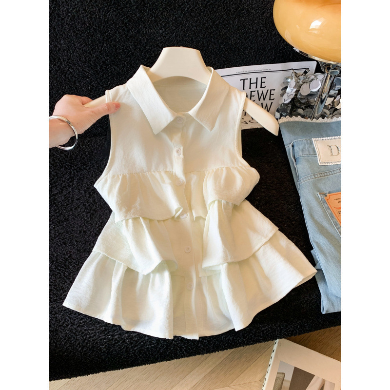 Real Shot of Korean-Style Retro Multi-Layered Ruffled Sleeveless Shirt for Women, New Summer Model with Polo Collar and Unique Off-Shoulder Design Real Shot of Korean-Style Retro Multi-Layered Ruffled Sleeveless Shirt for Women, New Summer Model with Polo Collar and Unique Off-Shoulder Design