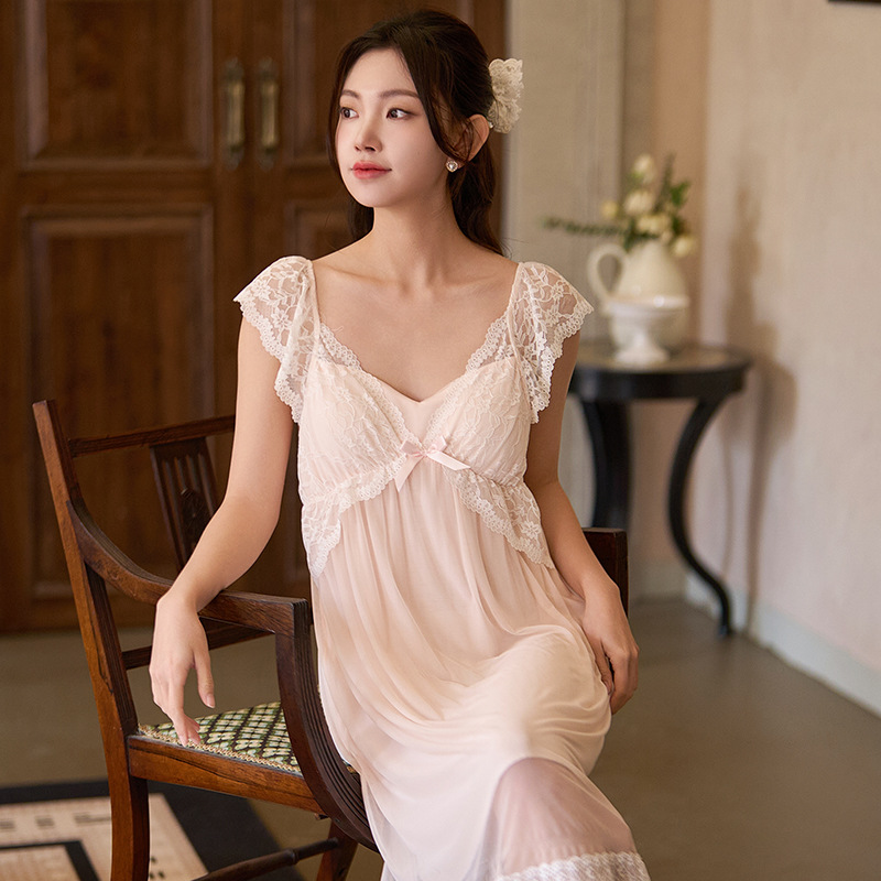 薄款公主法式吊带带胸垫性感夏纯甜美蕾丝女轻透莫代尔睡裙吊带裙