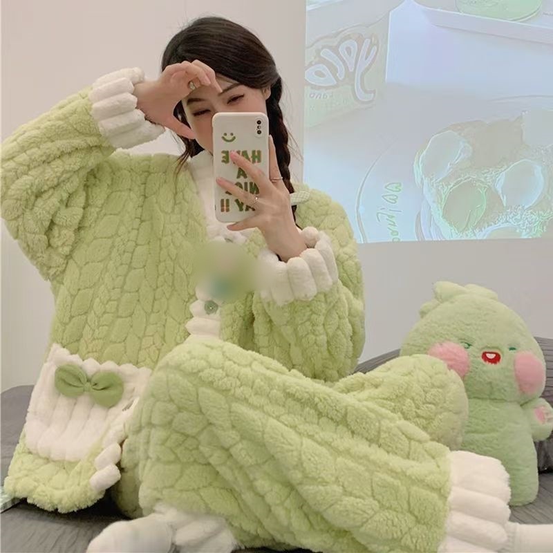 Autumn and Winter New Coral Fleece Lychee Cardigan Pajama Set Loungewear for Women, Chanel Style, Thickened Loose Long-Sleeve Top and Pants