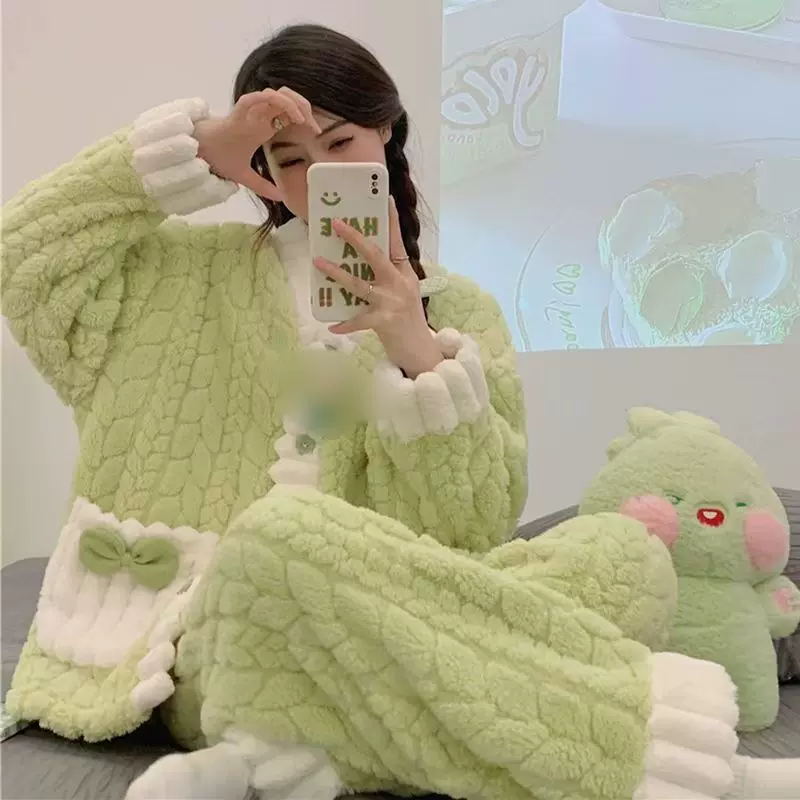 秋冬新款珊瑚绒荔枝开衫睡衣套装家居服女小香风加厚宽松长袖长裤