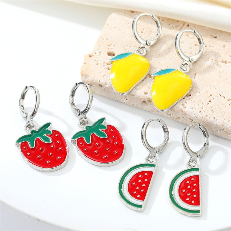 European CrossBorder Sold Jewelry Korean Cute Sweet Metal Fruit Earrings Dripping Strawberry Banana Watermelon Small Ear Ringpicture7