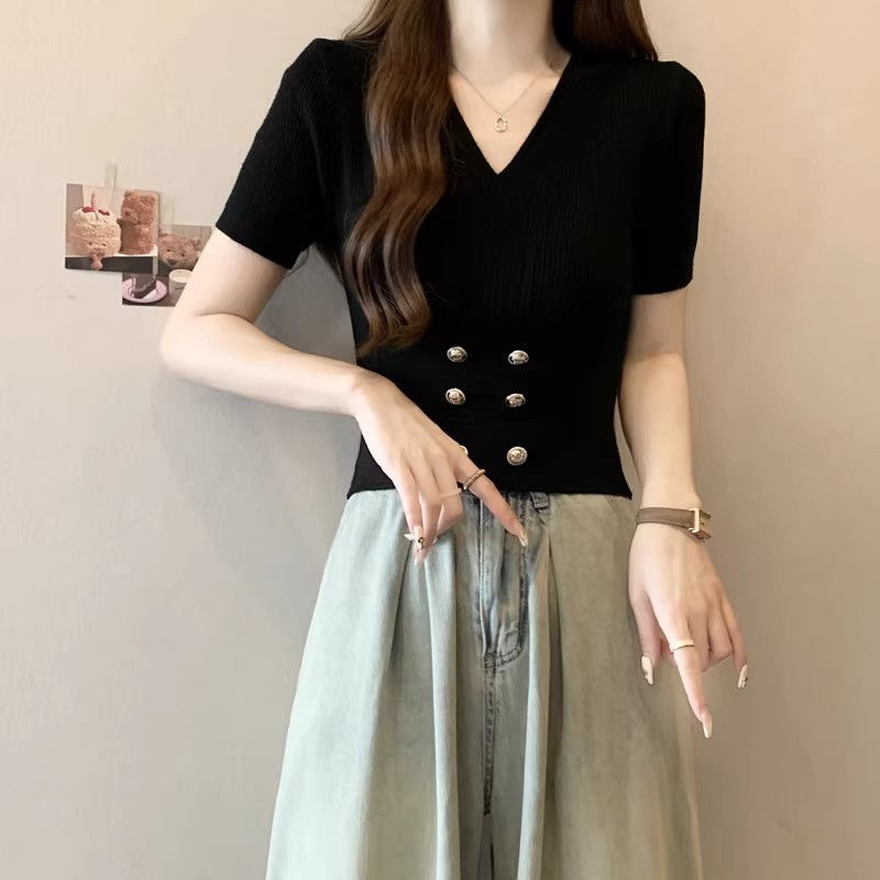 V-Ausschnitt, hohe Taille, kurzärmeliger Damen-Sommer, neuer französischer Stil, kleiner, duftender Wind, Eisseide, gestrickter Pullover_voghion.com