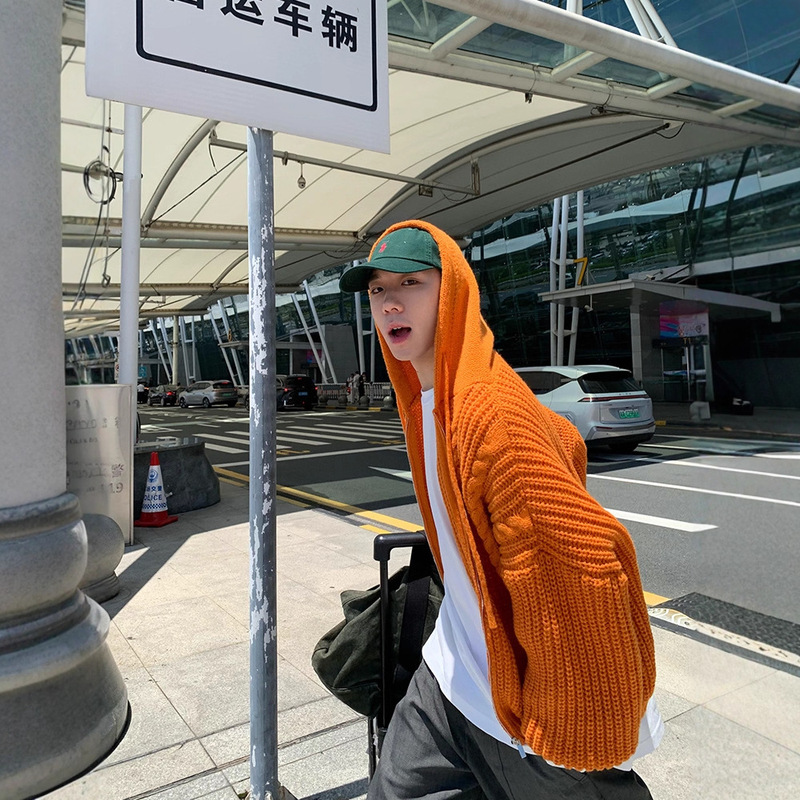 Lazy Style Orange Hooded Knitwear Jacket Men's Korean Style Relaxed Dopamine Casual Zipper Knitwear Cardigan