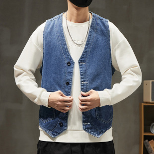 High Street Fashion Brand Retro Denim Vest Men's Spring & Fall Ins Handsome V Neck Trendyy Waistcoat Vest Sleeveless Work Jacket
