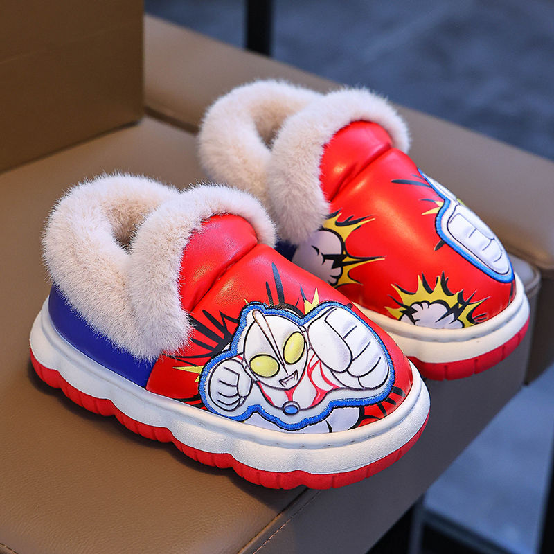 Ultraman invierno niños zapatos de algodón bolsas tacones cálidas lana PU impermeable suela gruesa antideslizante zapatillas de algodón para niños caseros