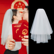 登記領證小頭紗法式頭飾品簡約短款雙層新娘結婚拍照白色婚紗發夾