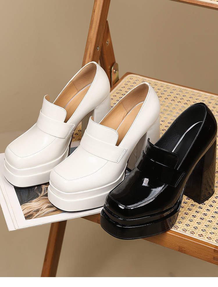 Giày cao gót nữ đế xuồng platform da bò đầu, gót dày 9 cm, mũi tròn bít — màu đen chi tiết 1