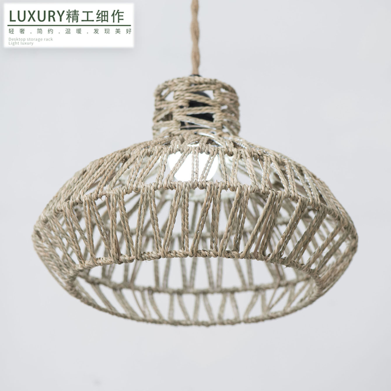 Campana de viento pastoral tela a mano lámpara de lámpara de cuerda de paja dormitorio residencial hotel café decoración creativa lámpara de lámpara