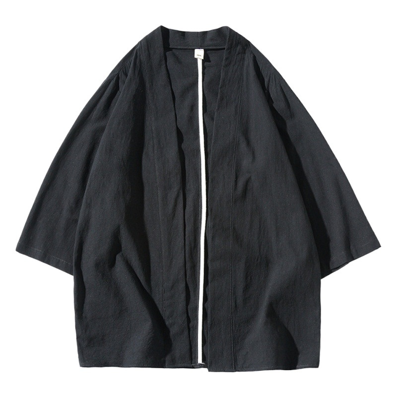 Comercio exterior simple estilo chino verano hombres de color sólido hanfu camisa más tamaño algodón y lino 3/4 manga cardigan