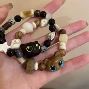 Vintage Couple's Cute Handmade Beaded Kitten Bracelet Wooden Bracelet Niche Ins Advanced Bracelet
