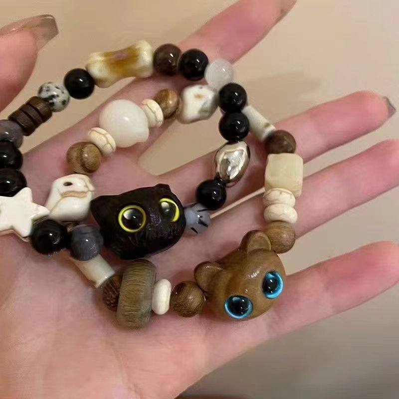 Estilo de pareja retro, linda pulsera de gatito con cuentas hecha a mano, pulsera de madera, pulsera de alta calidad de nicho
