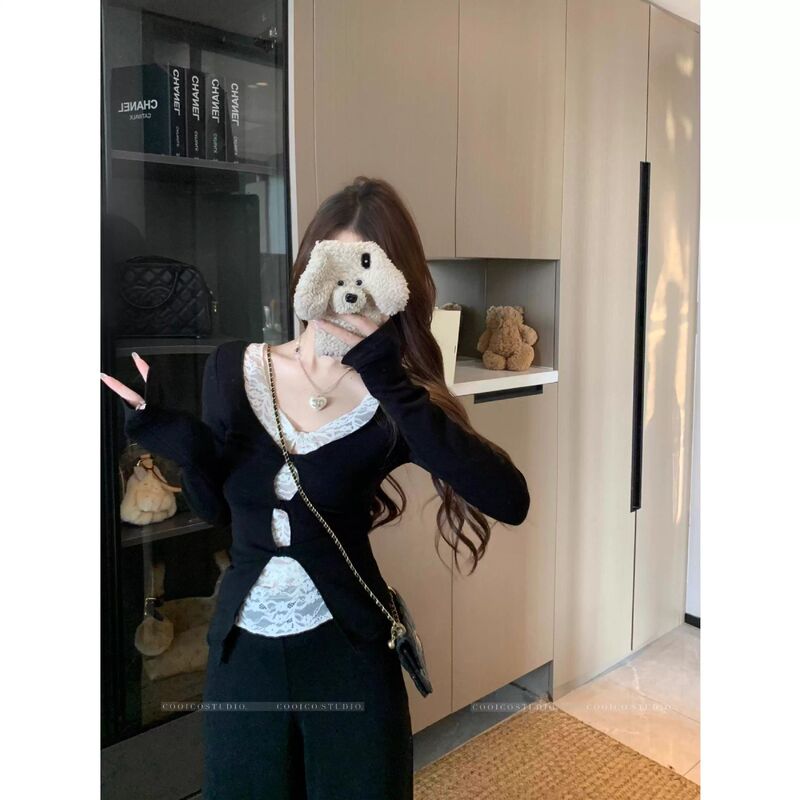 [In-Stock from Our Own Factory] New Spring Style Faux Two-Piece Lace Slim-Fit Long-Sleeve T-Shirt for Women, Suitable as a Base Layer Top