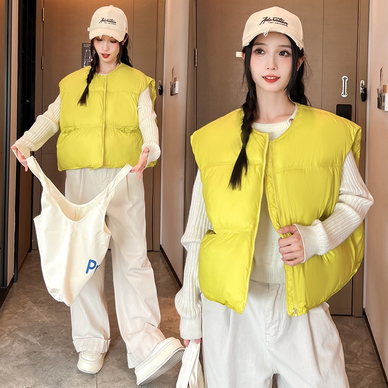 Transfronterizo puff plumón chaleco de mujer 2025 otoño y invierno nuevo hombro coreano pequeño cuello redondo abrazadera de caballo de algodón stock