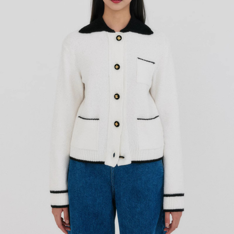 틈새 디자이너 브랜드 EE * K 네이비 칼라 니트 카디건 여성 고감도 대비 단일 브레스트 포켓 스웨터 코트