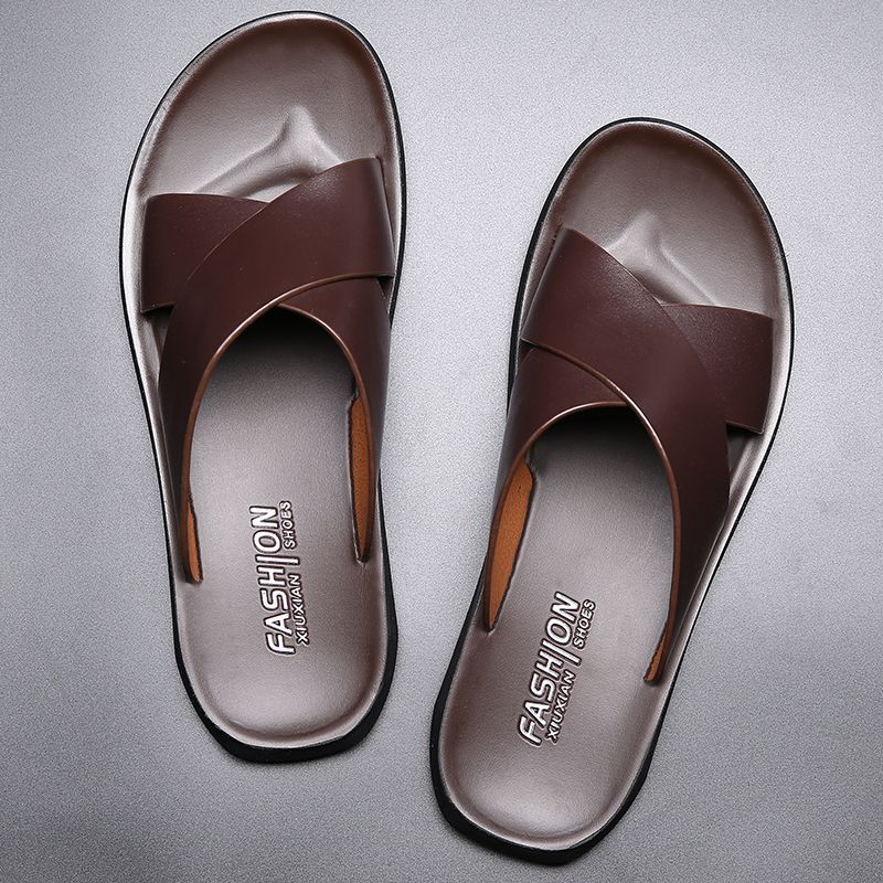 Really Soft Leather Slippers Summer New Outdoor Wear Korean Style Men's Non-Slip Trendy One-Line Beach Shoes
