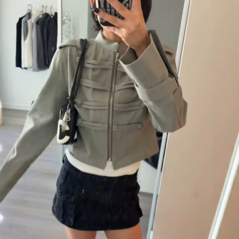 Cross-border European and American classic retro Napoleonic military style stand-up collar buttoned straight shoulder short jacket workwear coat Cross-border European and American classic retro Napoleonic military style stand-up collar buttoned straight shoulder short jacket workwear coat
