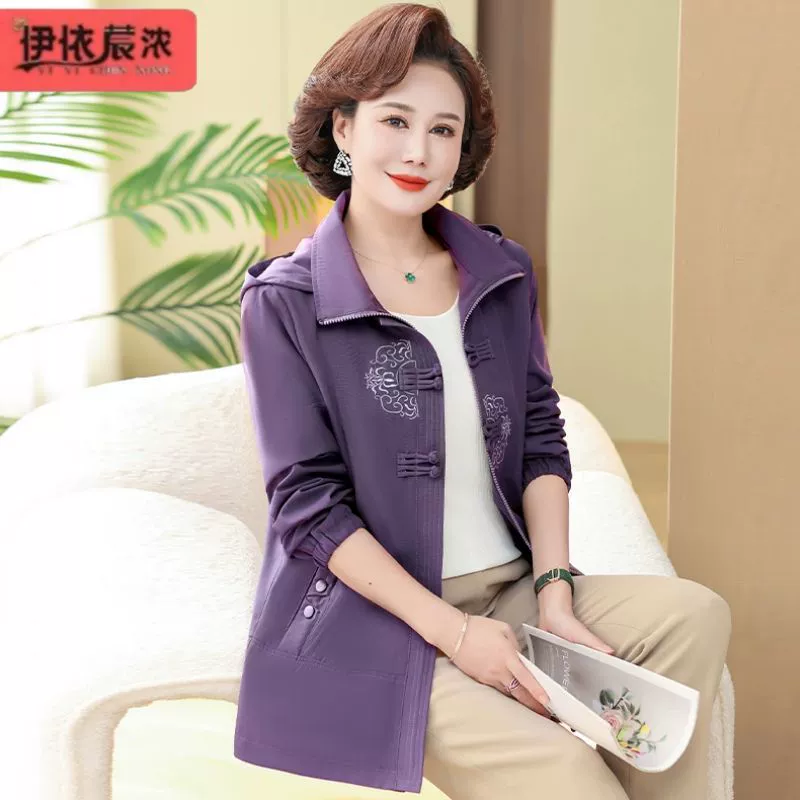 Новинка весны 2024 года, женское тонкое пальто, одежда для мам, 50-летняя Женская куртка с вышивкой на молнии, среднего и пожилого возраста, ветровка, женская