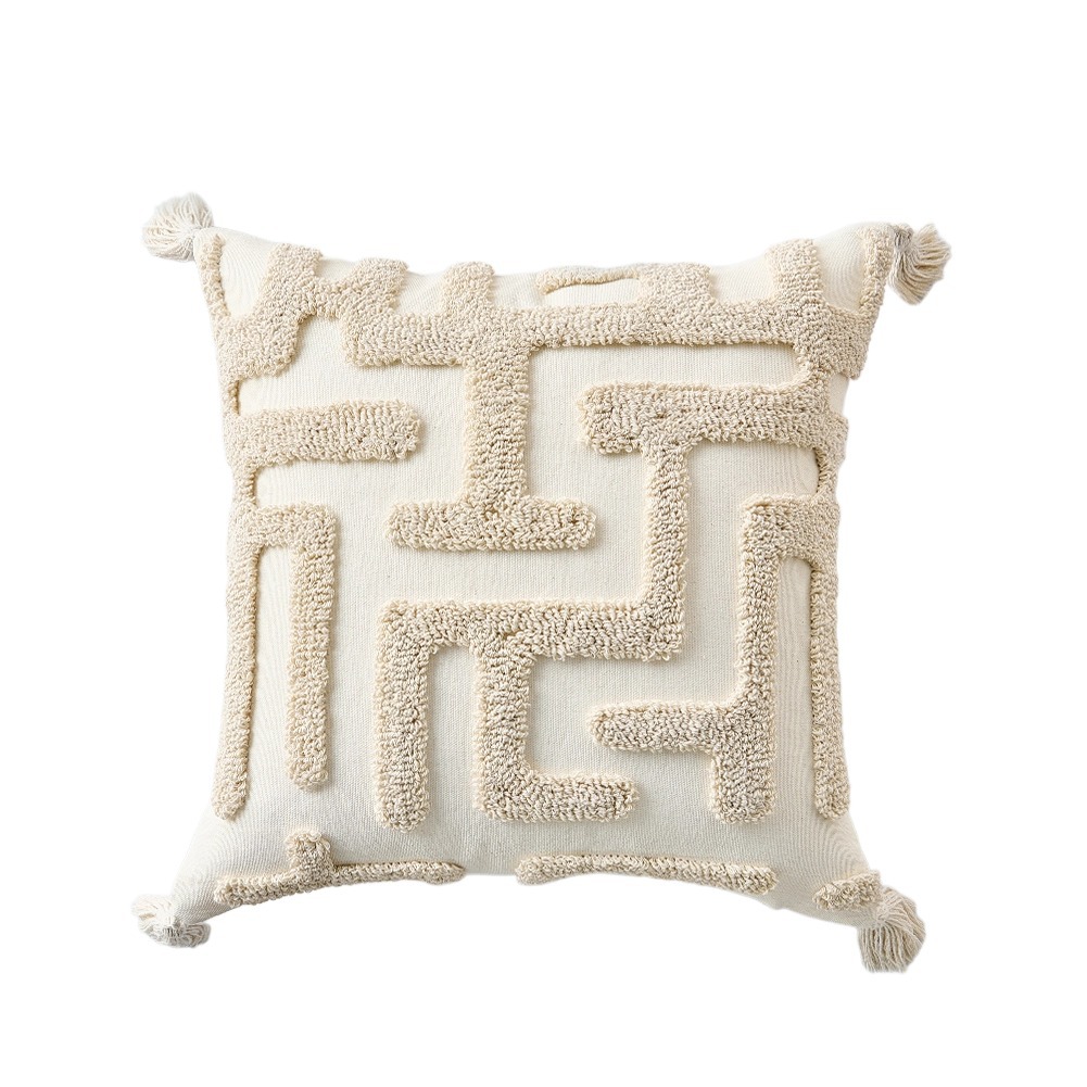 Ventas transfronterizas calientes de crema viento patrón geométrico anillo de vello bordado cubierta de almohada cubierta de almohada cubierta de almohada cubierta de almohada