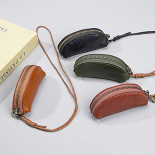Top Layer Cowhide Vegetable Tanned Leather Mouth Red Envelope Rope Hanging Storage Coin Key Neck Bag Mini Genuine Leather Coin Purse for Women