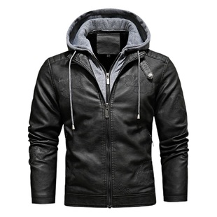 KH cross-border foreign trade autumn and winter men's detachable hooded leather jacket fashionable slim retro PU leather jacket trendy men's coat