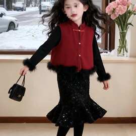 女童拜年服2025新款冬装新中式红色新年衣服战袍套装儿童过年服装