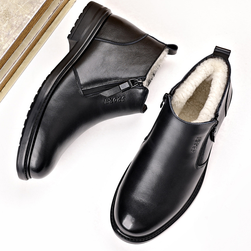 Capa de piel de vaca de invierno zapatos de algodón para hombres zapatos de cuero casuales de lana de cuero más terciopelo calentamiento botas de cuero de negocios zapatos de papá para hombres