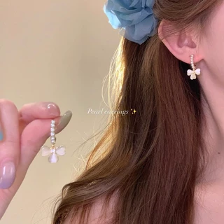 法式猫眼石三叶花珍珠耳环女轻奢高级感气质大气耳钉绝美花朵耳饰