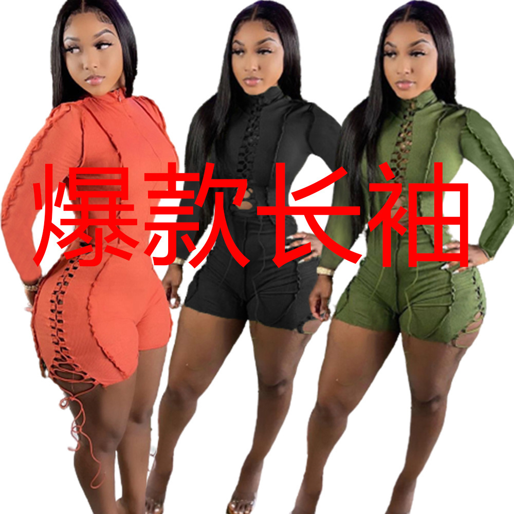 LD81027新款秋冬欧美女装绑带穿绳毛边长袖连体短裤现货