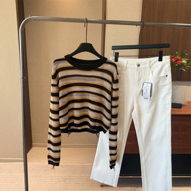 1K+ in stock! Ruijia Yuansha! Designer style sweet and cool retro color-block striped round-neck pullover short knit sweater