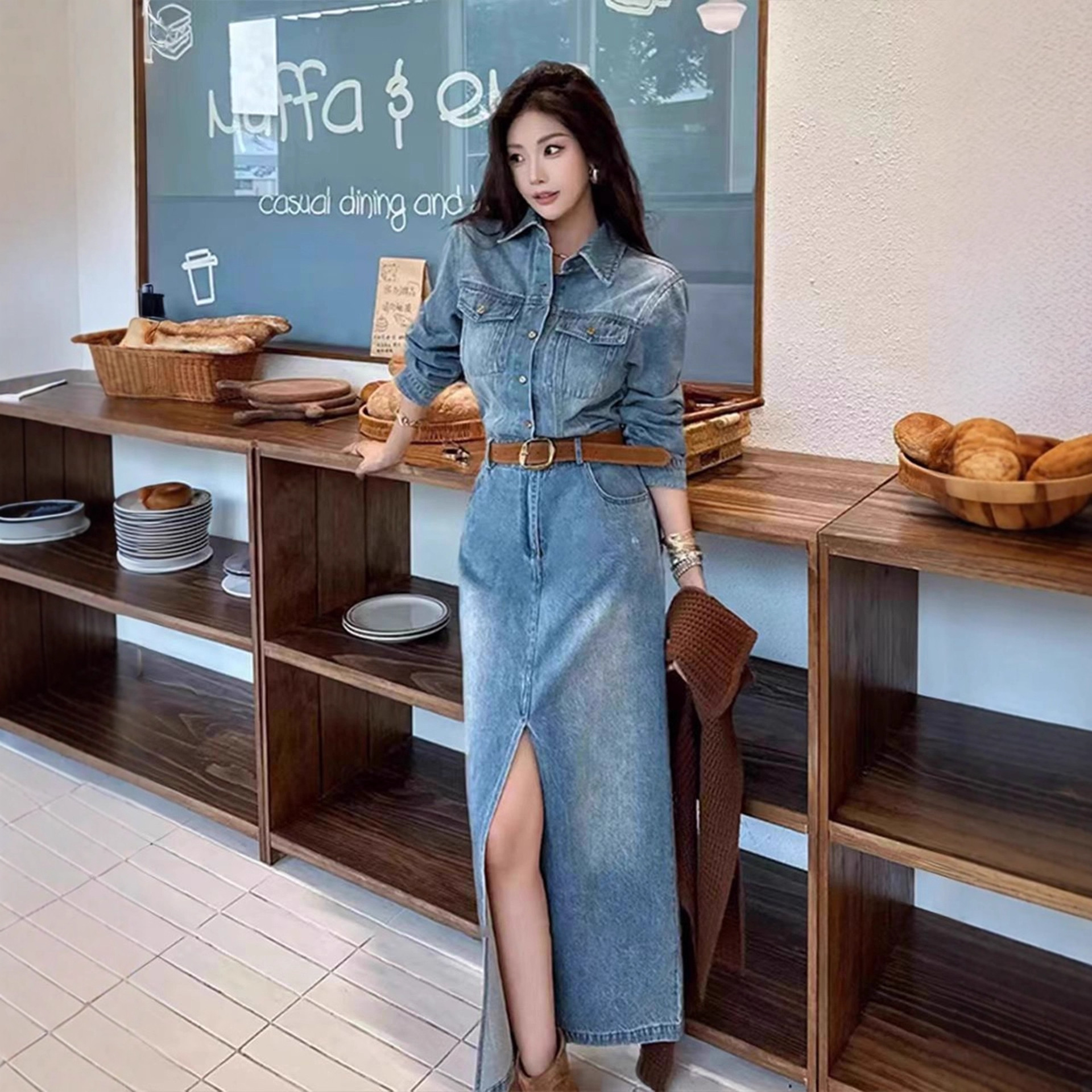 春秋过膝长款新款女复古气质高个子显瘦五分中袖牛仔连衣裙子长裙