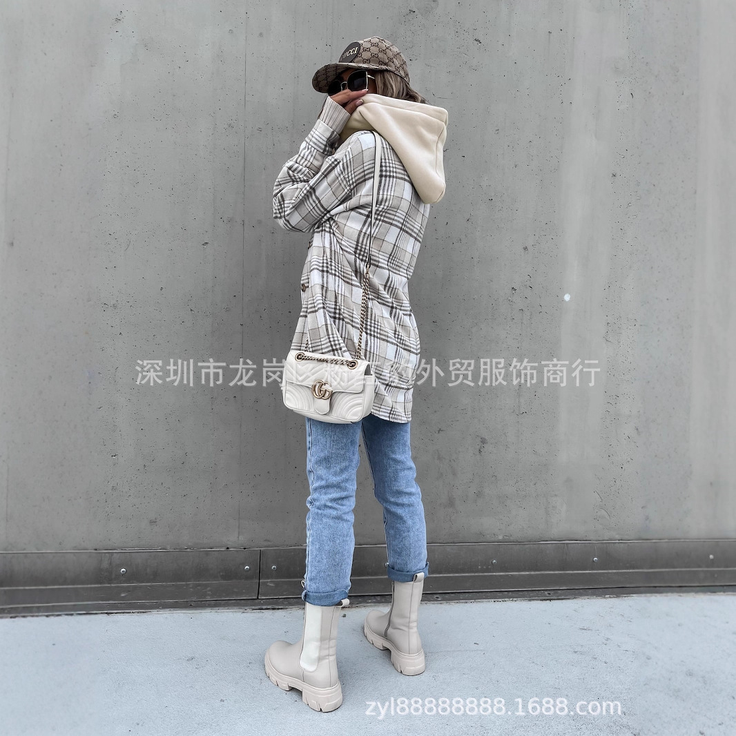 European and American Hot Style 2023 Ebay Winter Women's Outwear Fashionable Hooded (Removable) Woolen Plaid Outwear