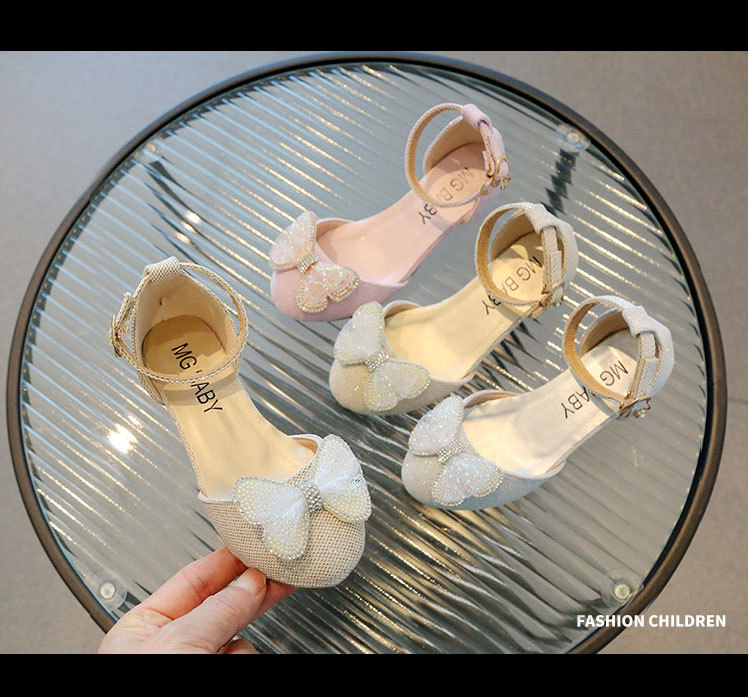 Scarpe di cristallo da ragazza con paillettes alla moda coreana Dolce fiocco Tacchi alti Principessa Estate Nuova tendenza delle scarpe per bambini_voghion.com